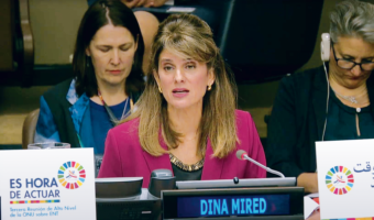 Her Royal Highness Princess Dina Mired of Jordan speaking on behalf of civil society as an 'Eminent Champion'   of non-communicable diseases at the United Nations General Assembly Third High-level Meeting on NCDs in New York in 2018
